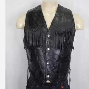 Italian Stone Design Genuine Buffalo Leather Fringe Vest Black Size M